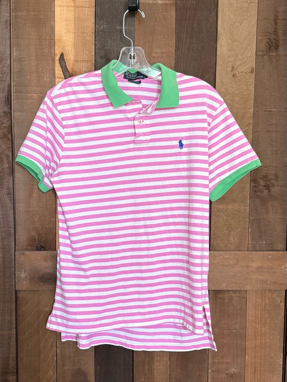 Vintage Ralph Lauren Pink & White Stripe Polo with Green Trim custom fit medium